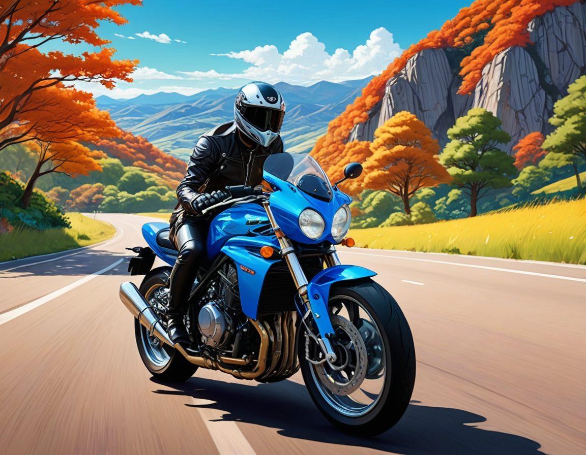 A thrilling scene depicting a sleek motorcycle cruising down an open highway, merging with whimsical elements of kinky manga art. The background features vivid landscapes that blend fantasy with reality, while the motorcycle's rider, dressed in stylish, edgy attire, emphasizes freedom and rebellion. Kinky manga characters can be illustrated in a playful manner, adding a layer of excitement and allure. The image should be infused with vibrant colors and a slightly exaggerated, cartoonish style to enhance the whimsical feel. super-realistic. vibrant colors. manga-inspired.