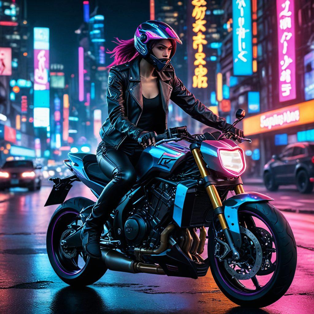 A dynamic scene featuring a stylish motorcycle revving on a road with an anime-style character in passionate attire riding it. In the background, illustrate a neon-lit cityscape blending elements of erotica and vibrant colors, symbolizing freedom and desire. Include subtle hints of motorcycle elements, like leather jackets and helmets, merging with soft, alluring shapes. The atmosphere should feel adventurous and enticing. cyberpunk. vibrant colors. dynamic composition.