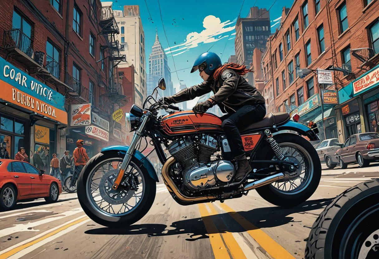 A dynamic composition showcasing a vintage motorcycle entwined with a vibrant graphic novel cover, where characters leap from the pages and interact with the bike. The background features an urban landscape, with colors that blend the allure of adventure and artistry. Include subtle hints of motion, like tire tracks and flowing ink lines, to connect the two passions visually. super-realistic. vibrant colors. urban setting.